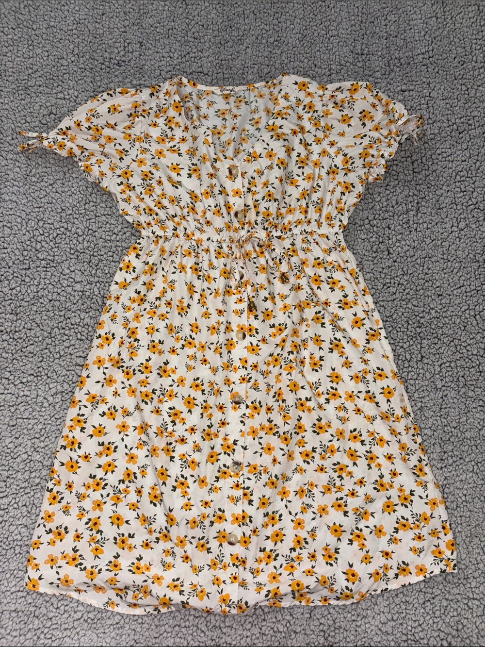 Blush White Floral Button-Front Dress with Yellow Flowers